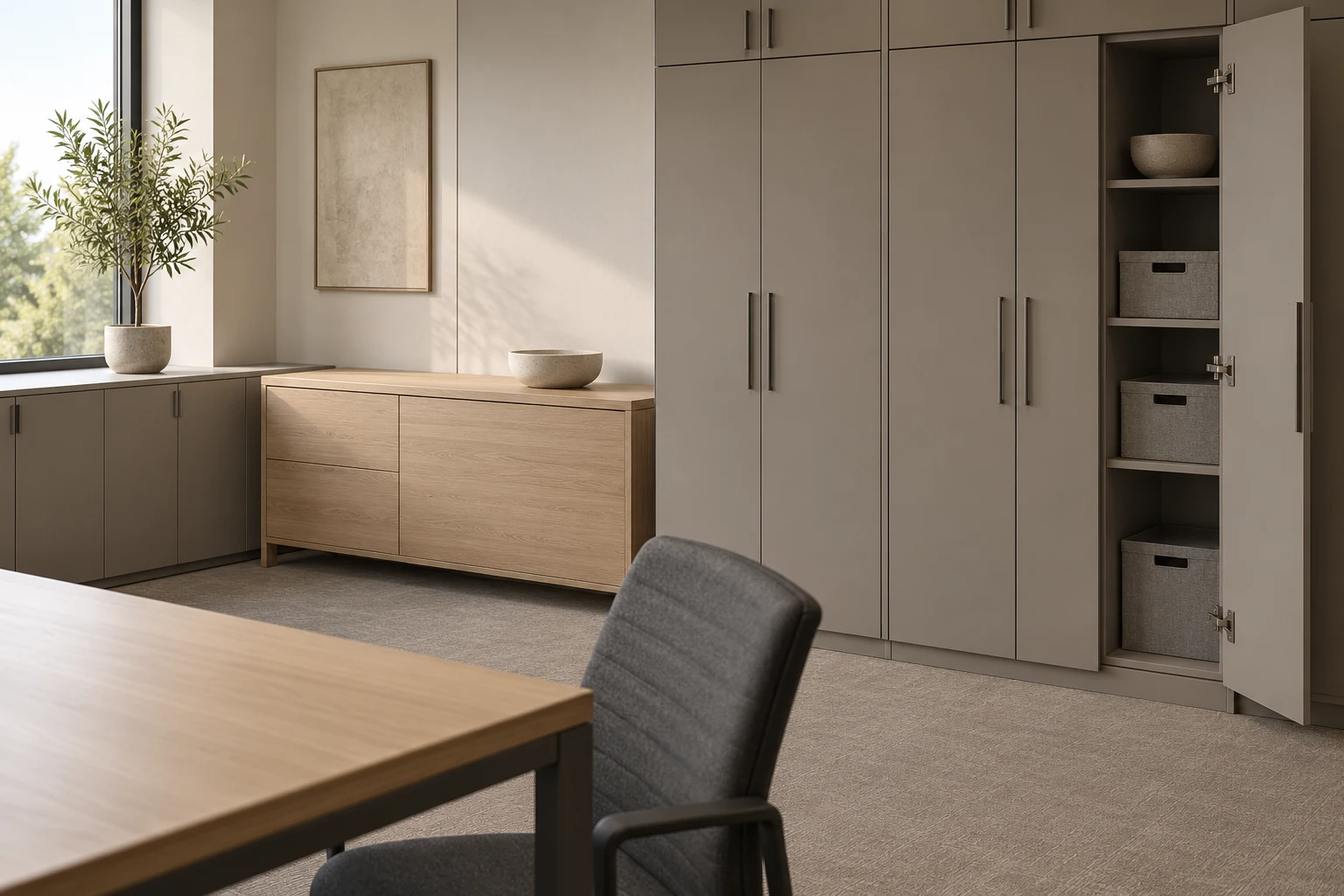Visualización conceptual de muebles de guardado y aparador de roble con puertas grises para oficinas.