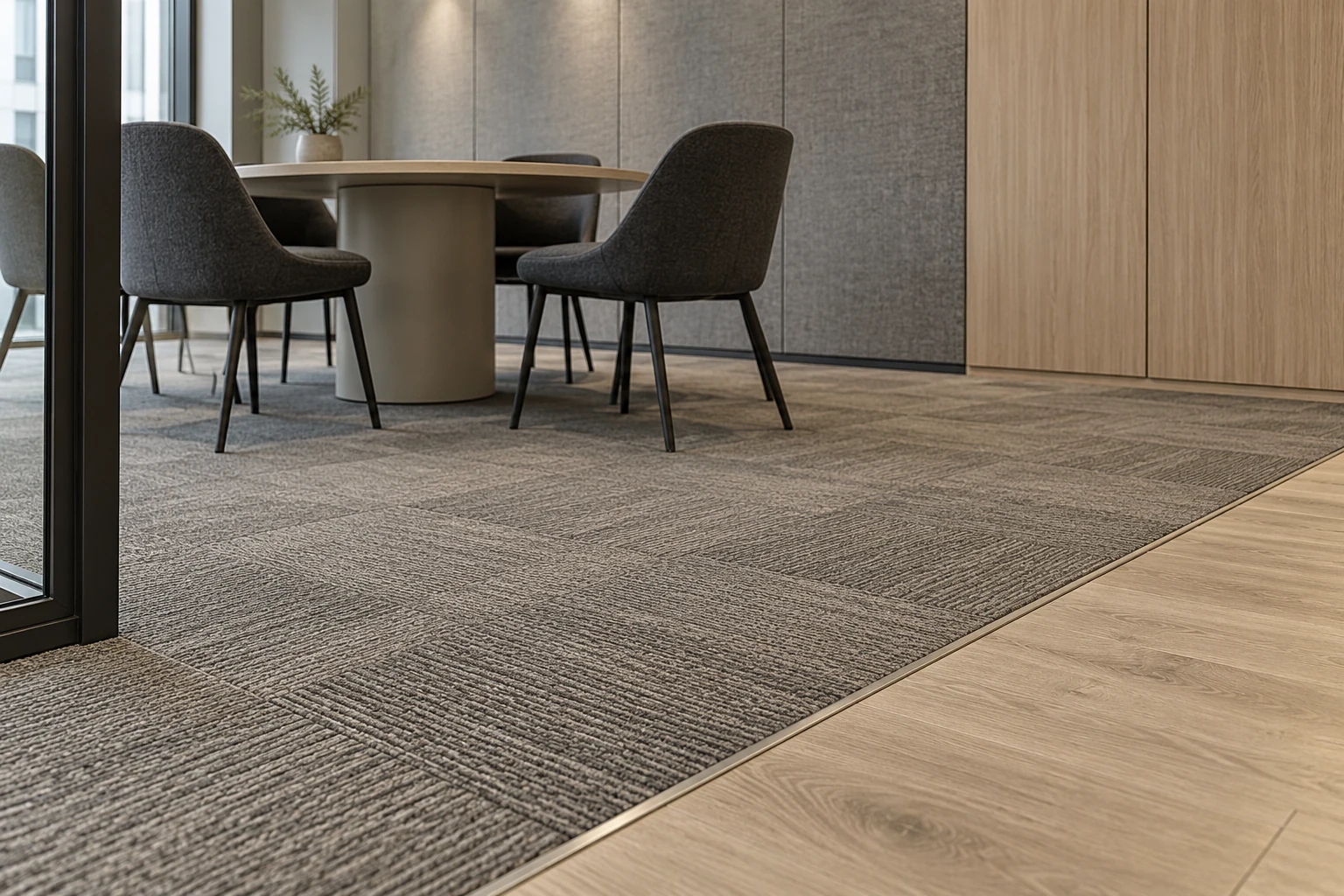 Visualización conceptual de una sala de reunión con alfombra modular gris y piso de apariencia madera.