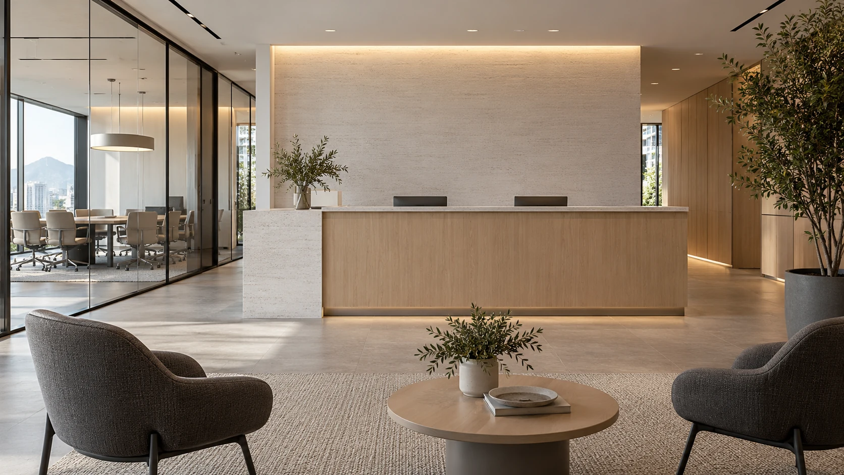 Visualización conceptual de una recepción corporativa en madera clara y piedra, sin señalética ni logotipos.